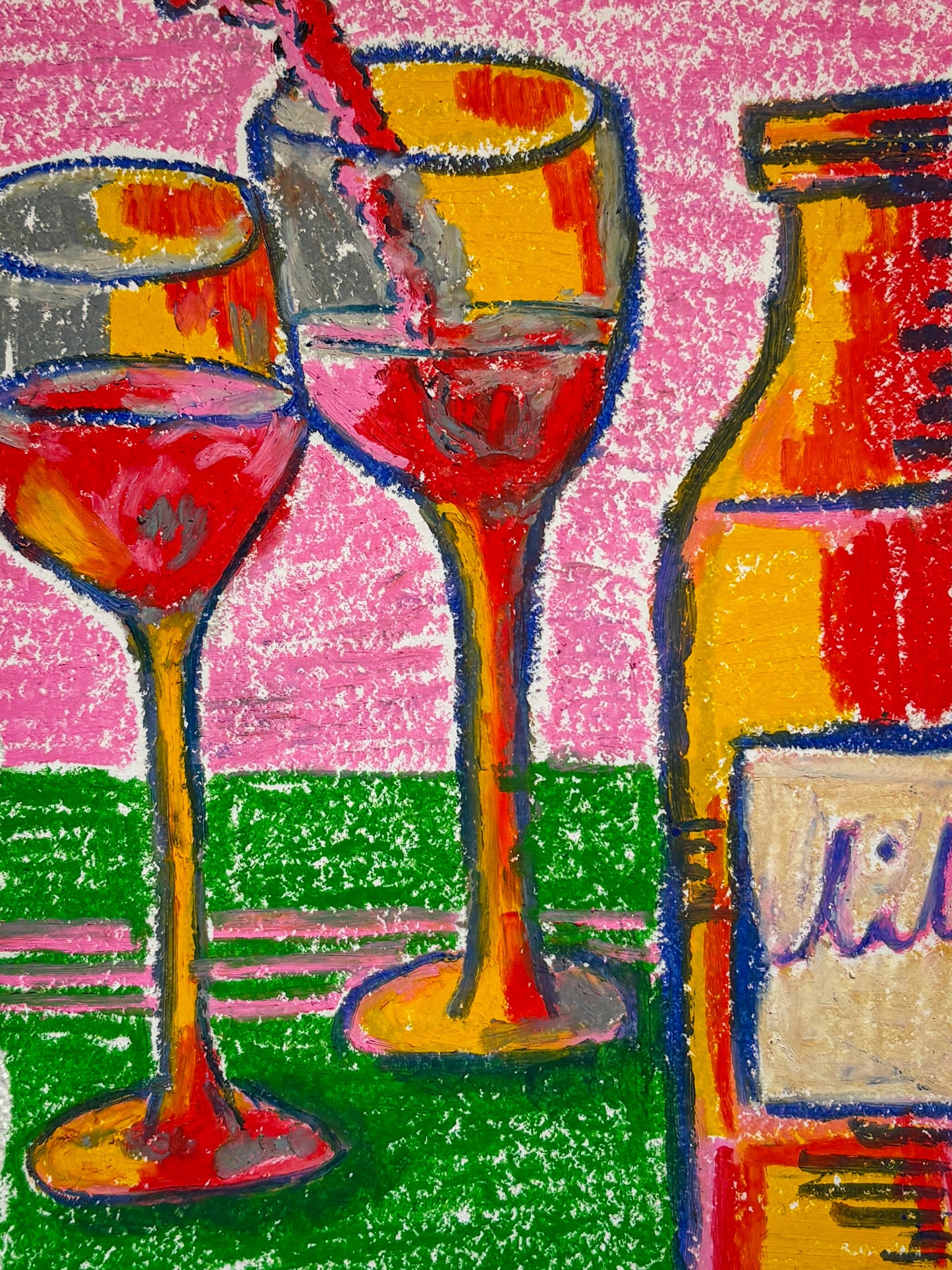 Vibrant wine night - oil pastel original - 5.5 x 8.5