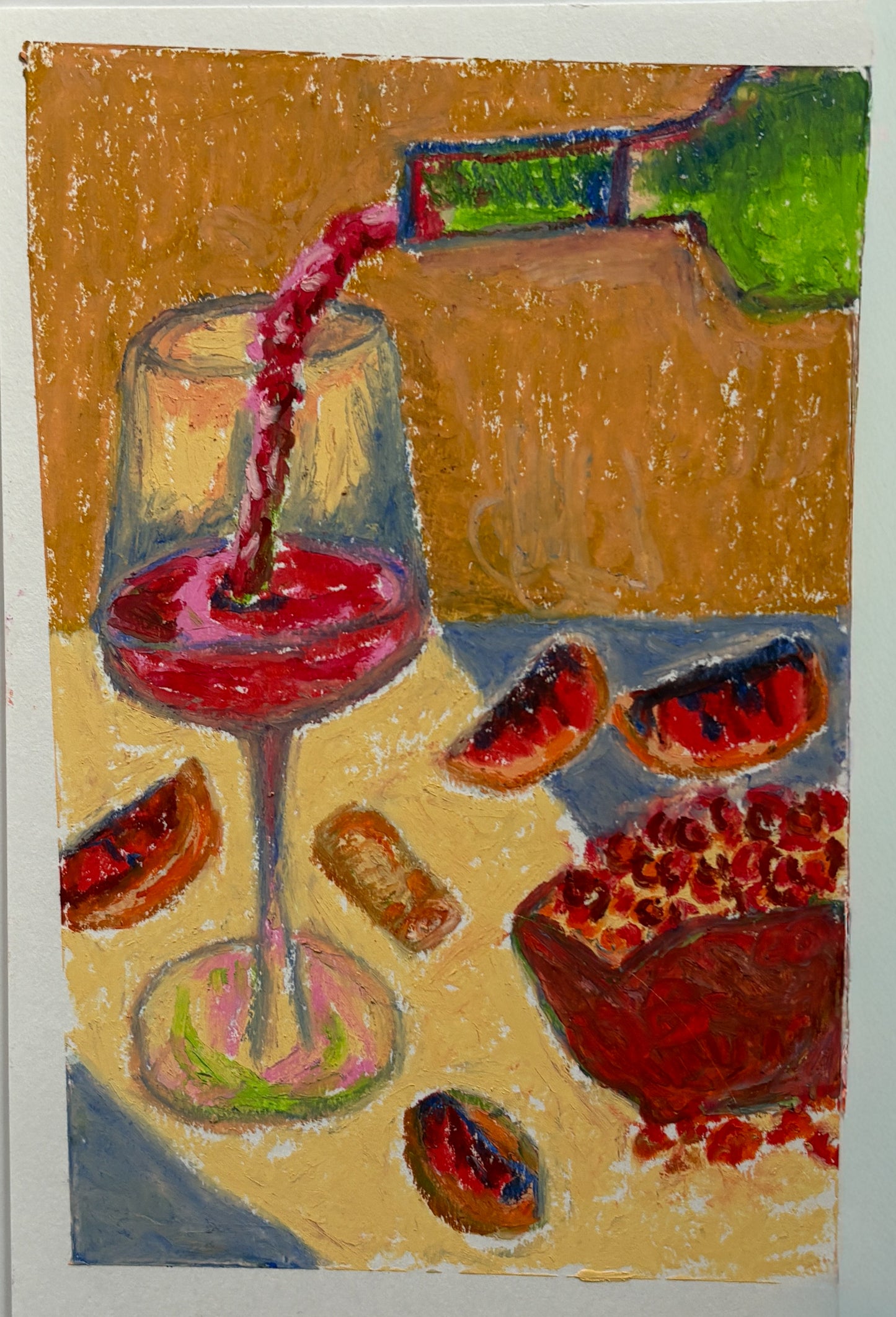 Red wine & pomegranate - oil pastel original marker - 5.5 x 8.5