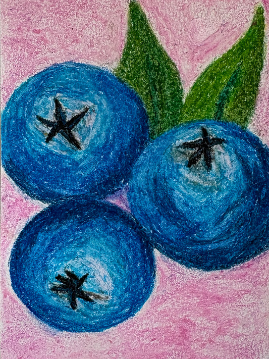 Pink blueberries - Oil pastel original - 5.5 x 8.5