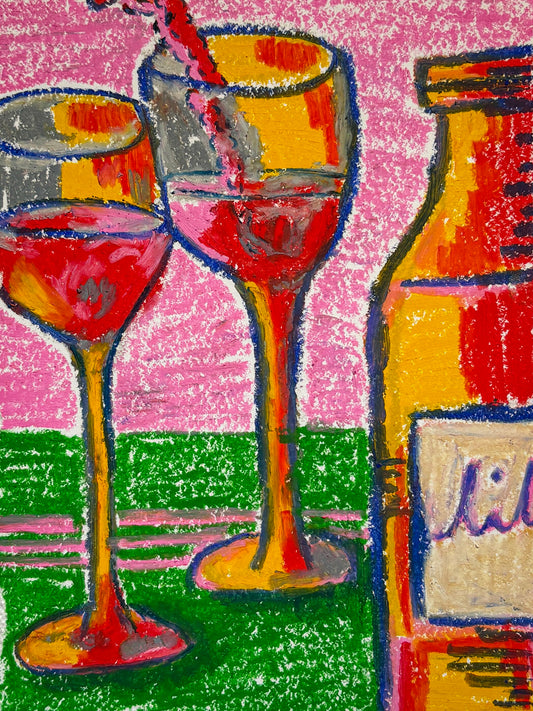 Vibrant wine night - oil pastel original - 5.5 x 8.5