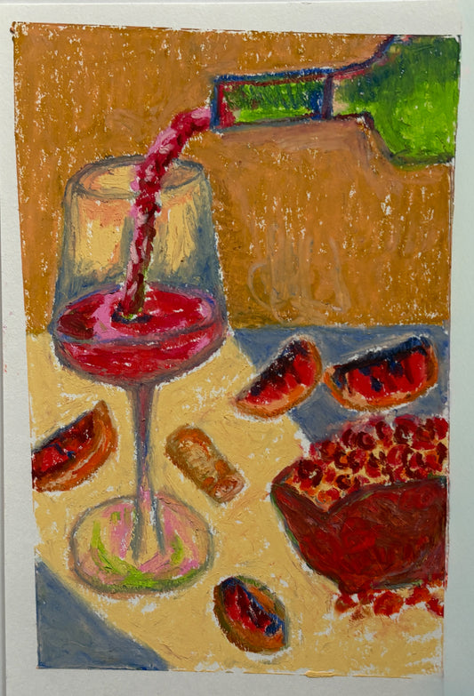 Red wine & pomegranate - oil pastel original marker - 5.5 x 8.5