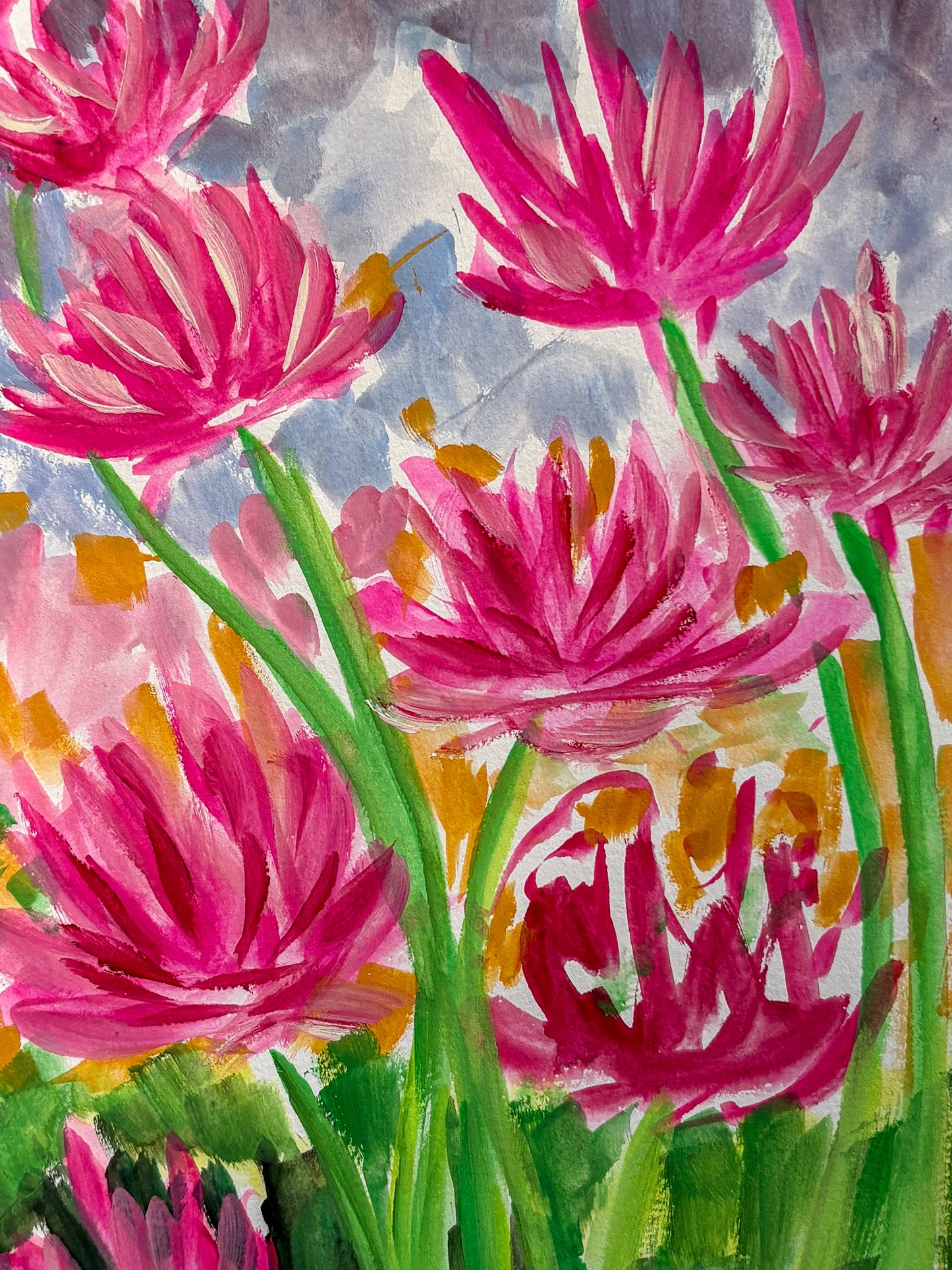 Tall pink flowers - acrylic original - 5.5 x 8.5